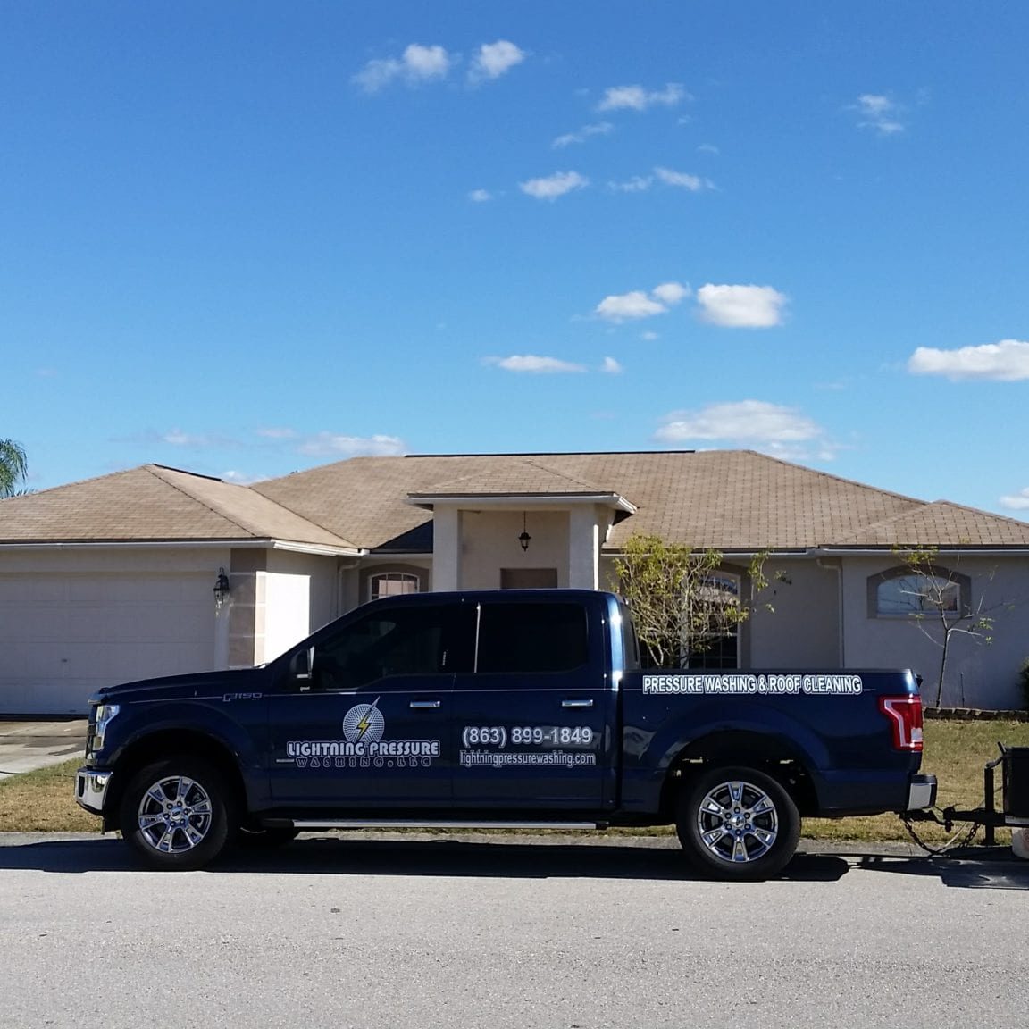 lightning presssure washing truck post roof cleaning job